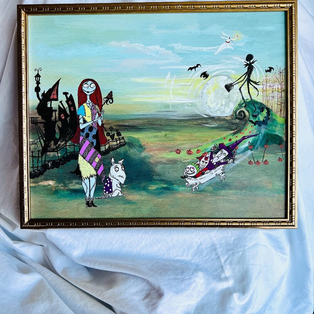 Re-purposed, GORGEOUS vintage art, hand-painted Jack & Sally wall art
